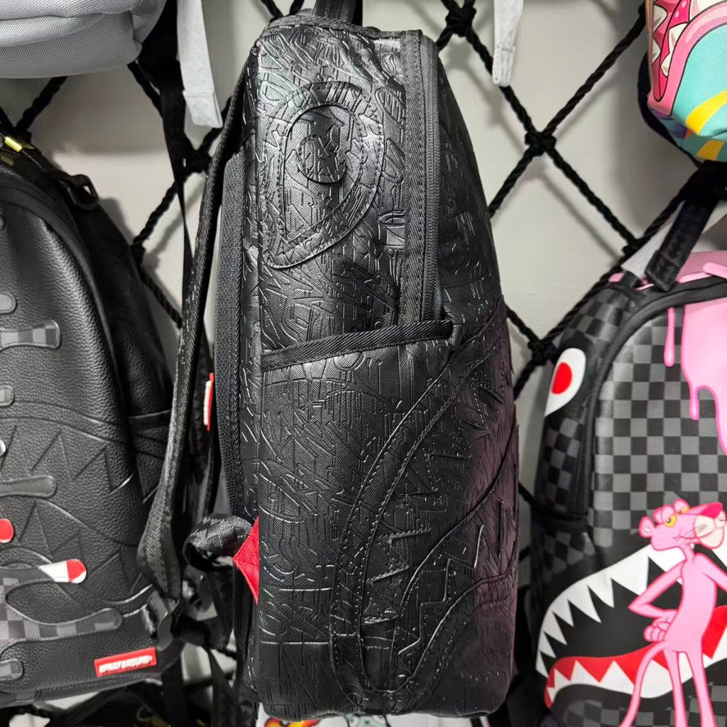 Black 3D Embossed Graffiti Streetwear Backpack - All-Black Dark Pattern Shark Mouth Design