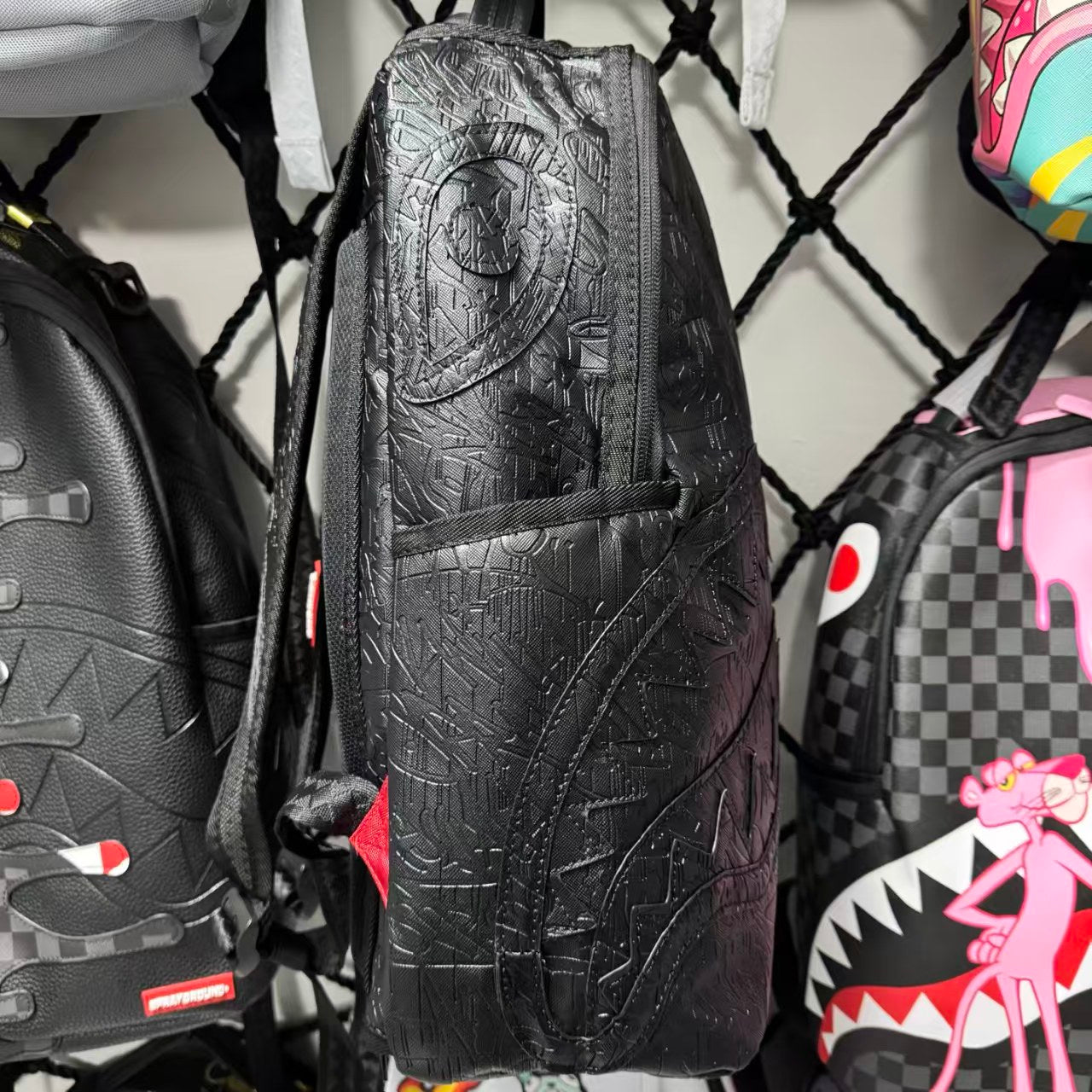 Black 3D Embossed Graffiti Streetwear Backpack - All-Black Dark Pattern Shark Mouth Design