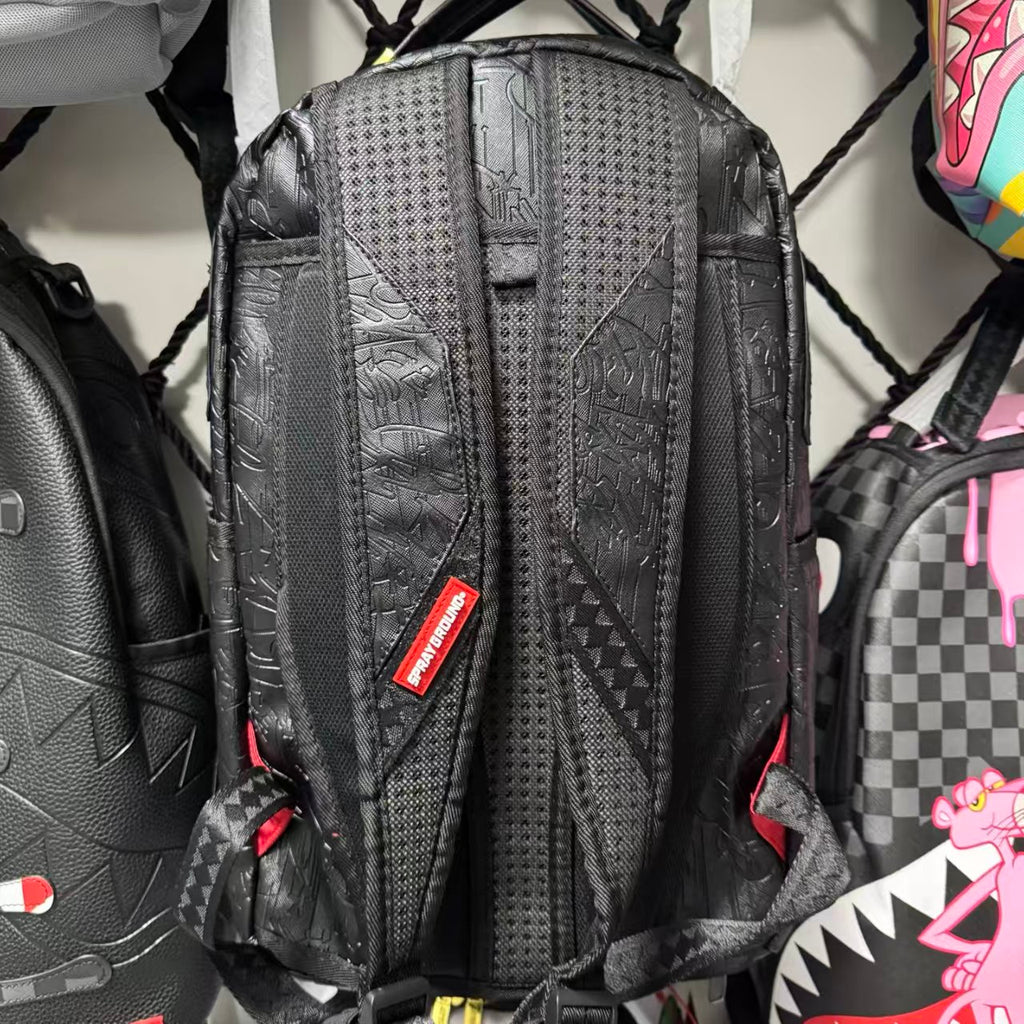 Black 3D Embossed Graffiti Streetwear Backpack - All-Black Dark Pattern Shark Mouth Design