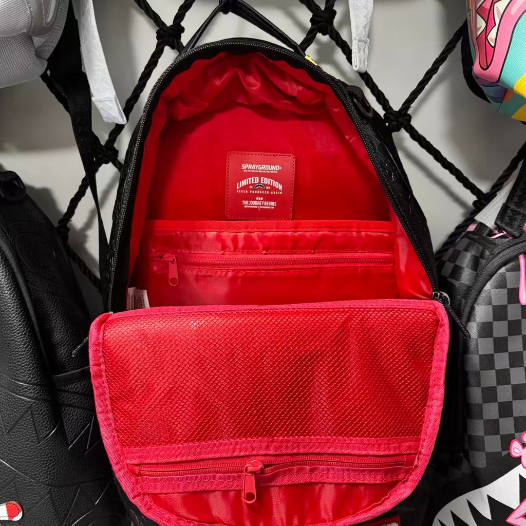 Black 3D Embossed Graffiti Streetwear Backpack - All-Black Dark Pattern Shark Mouth Design
