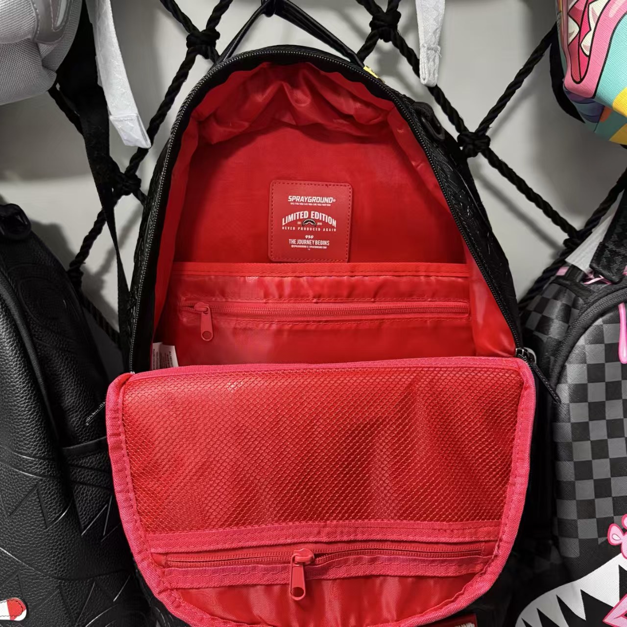 Black 3D Embossed Graffiti Streetwear Backpack - All-Black Dark Pattern Shark Mouth Design
