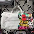 White Graffiti Spliced Duffle Bag - Stitched Shark Teeth Texture with Colorful Pattern Design