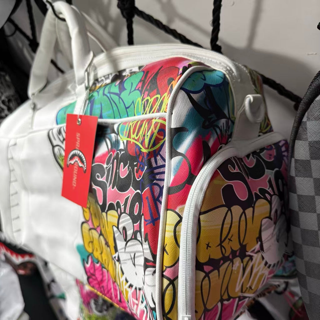 White Graffiti Spliced Duffle Bag - Stitched Shark Teeth Texture with Colorful Pattern Design