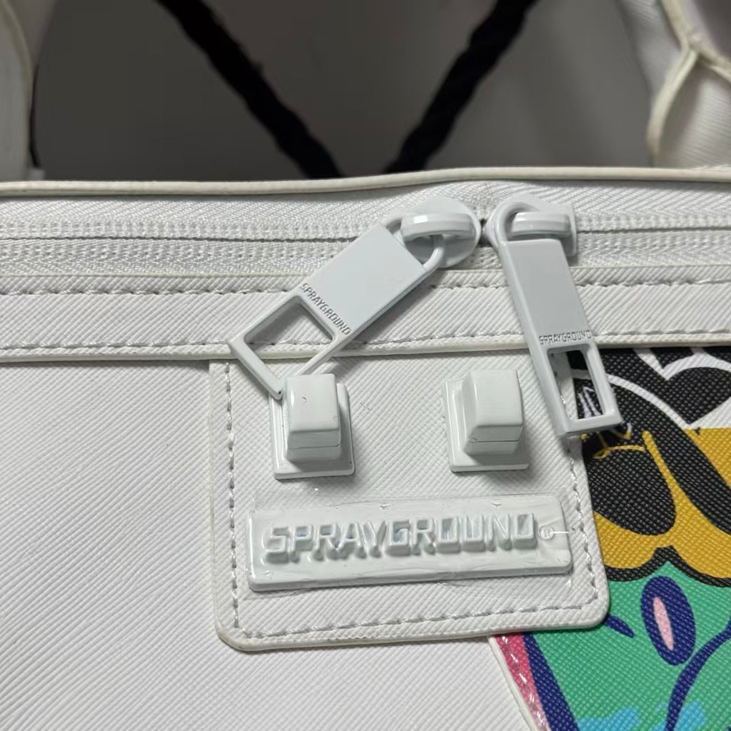 White Graffiti Spliced Duffle Bag - Stitched Shark Teeth Texture with Colorful Pattern Design