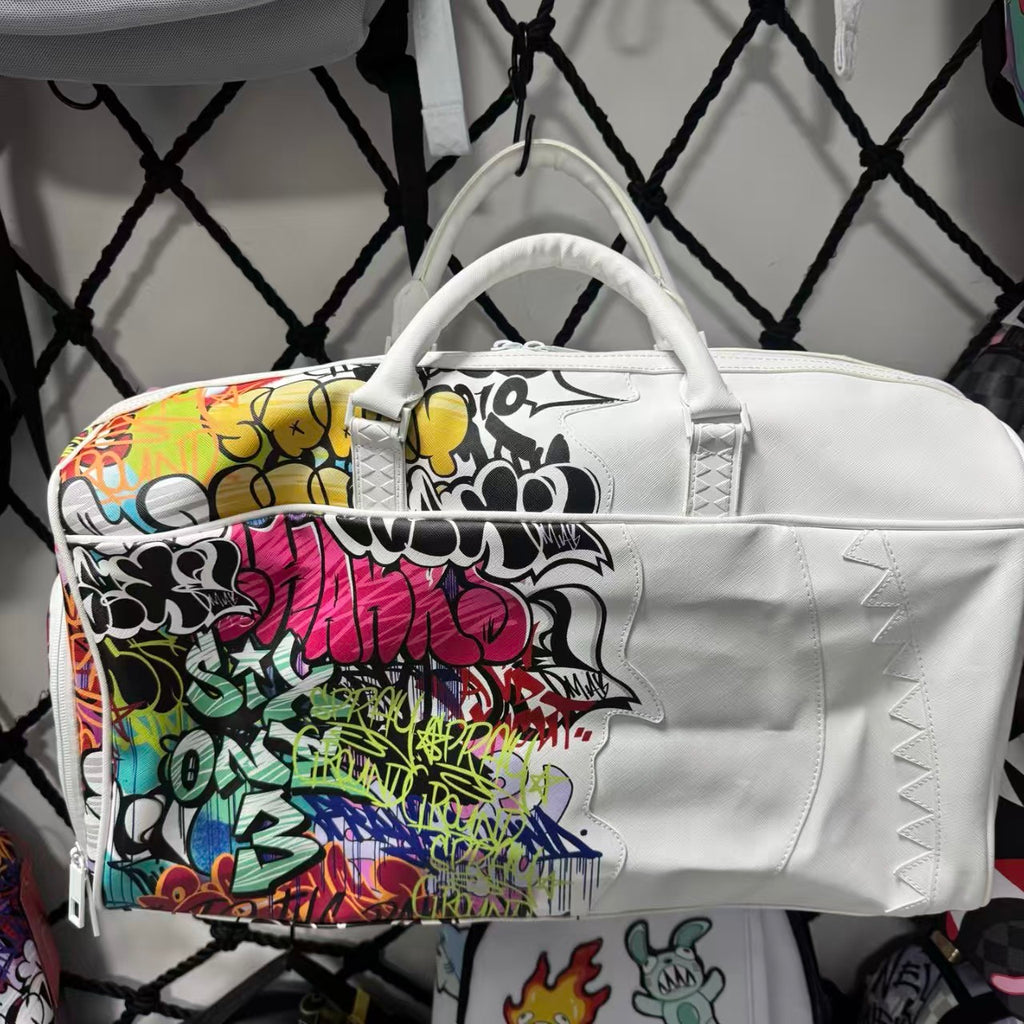 White Graffiti Spliced Duffle Bag - Stitched Shark Teeth Texture with Colorful Pattern Design