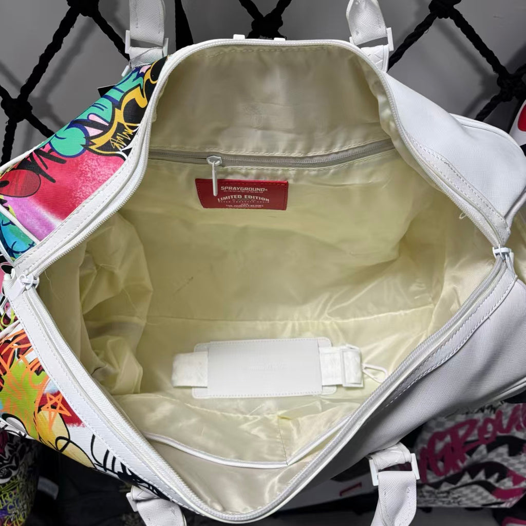 White Graffiti Spliced Duffle Bag - Stitched Shark Teeth Texture with Colorful Pattern Design