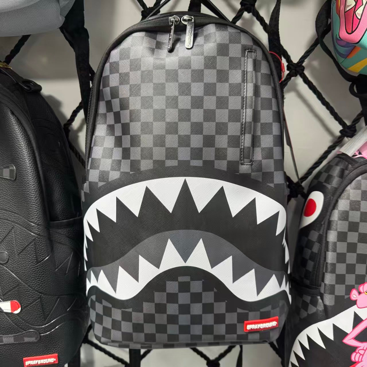 Black, White & Grey Checkerboard Streetwear Backpack - Classic Shark Mouth Graphic Design
