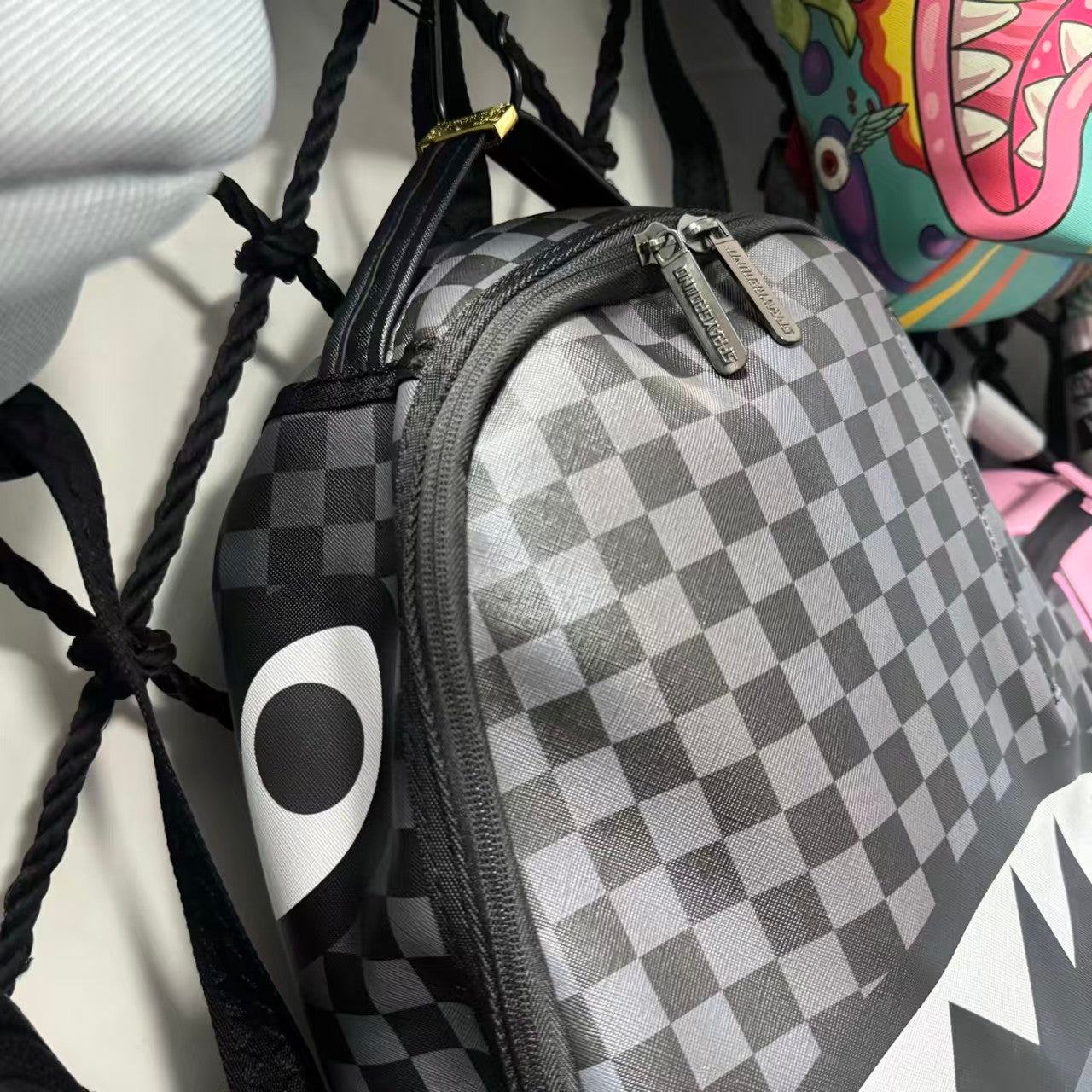 Black, White & Grey Checkerboard Streetwear Backpack - Classic Shark Mouth Graphic Design