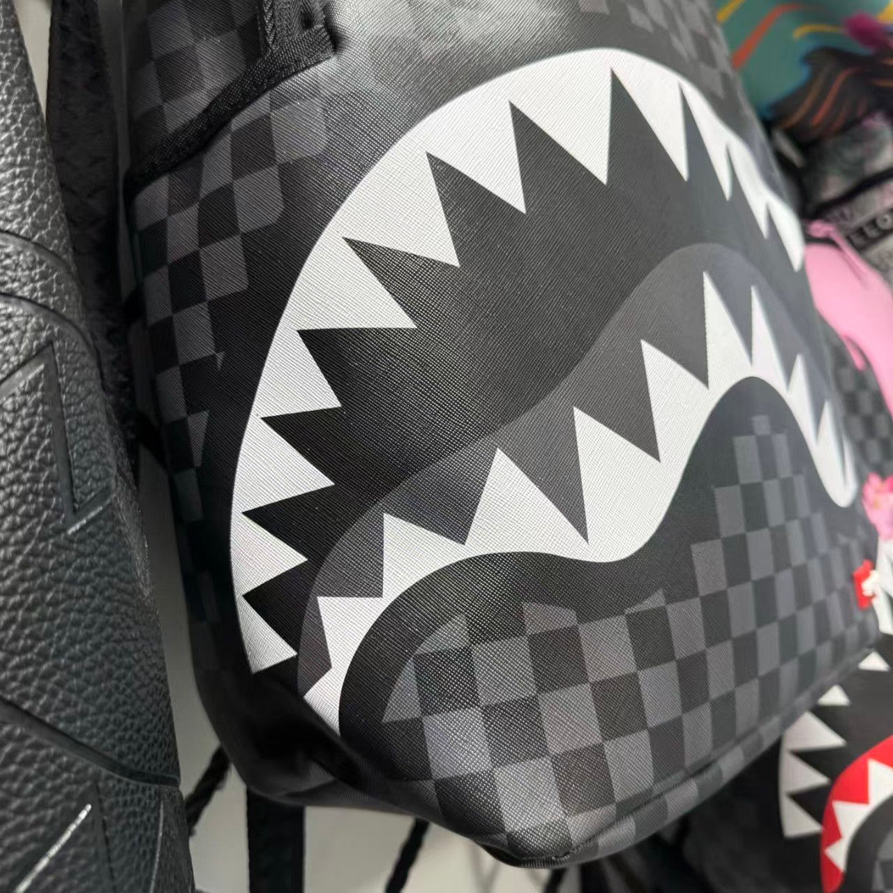 Black, White & Grey Checkerboard Streetwear Backpack - Classic Shark Mouth Graphic Design