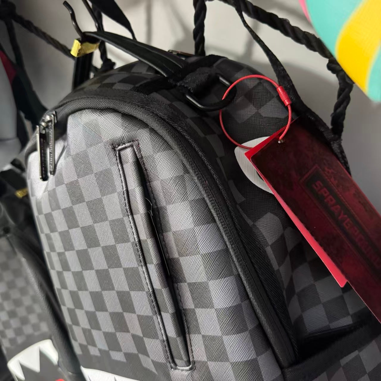 Black, White & Grey Checkerboard Streetwear Backpack - Classic Shark Mouth Graphic Design