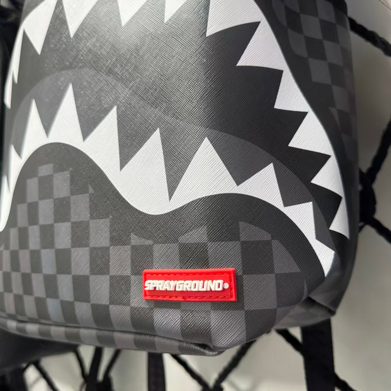 Black, White & Grey Checkerboard Streetwear Backpack - Classic Shark Mouth Graphic Design