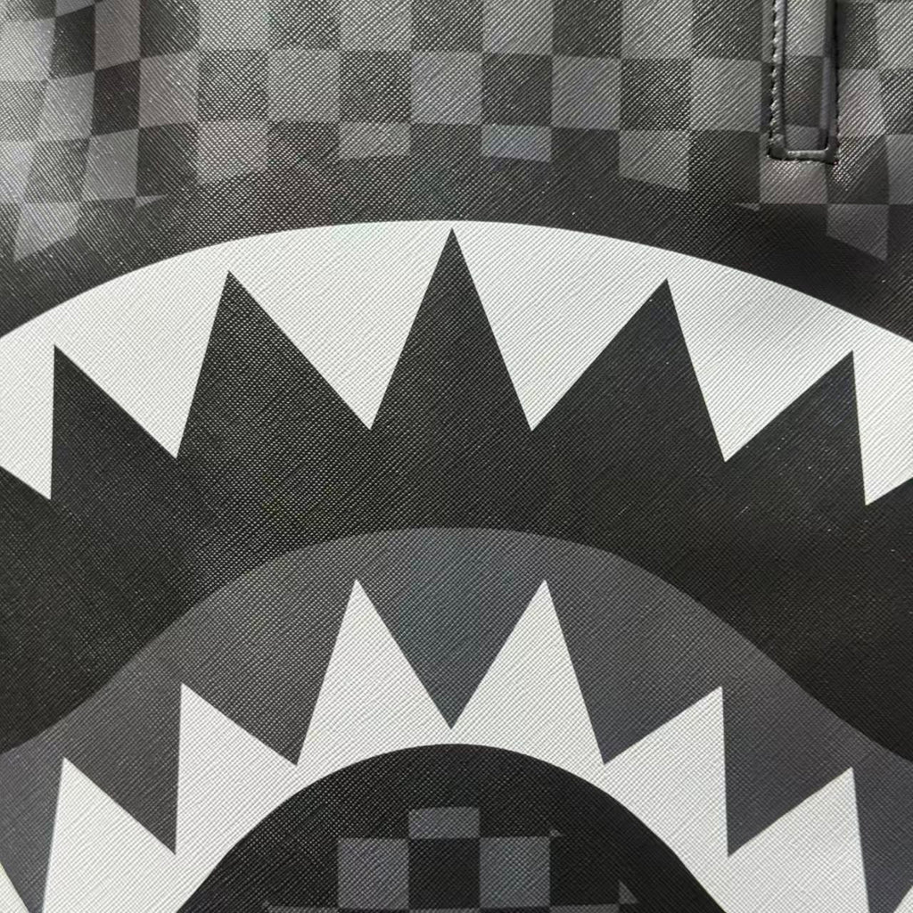 Black, White & Grey Checkerboard Streetwear Backpack - Classic Shark Mouth Graphic Design