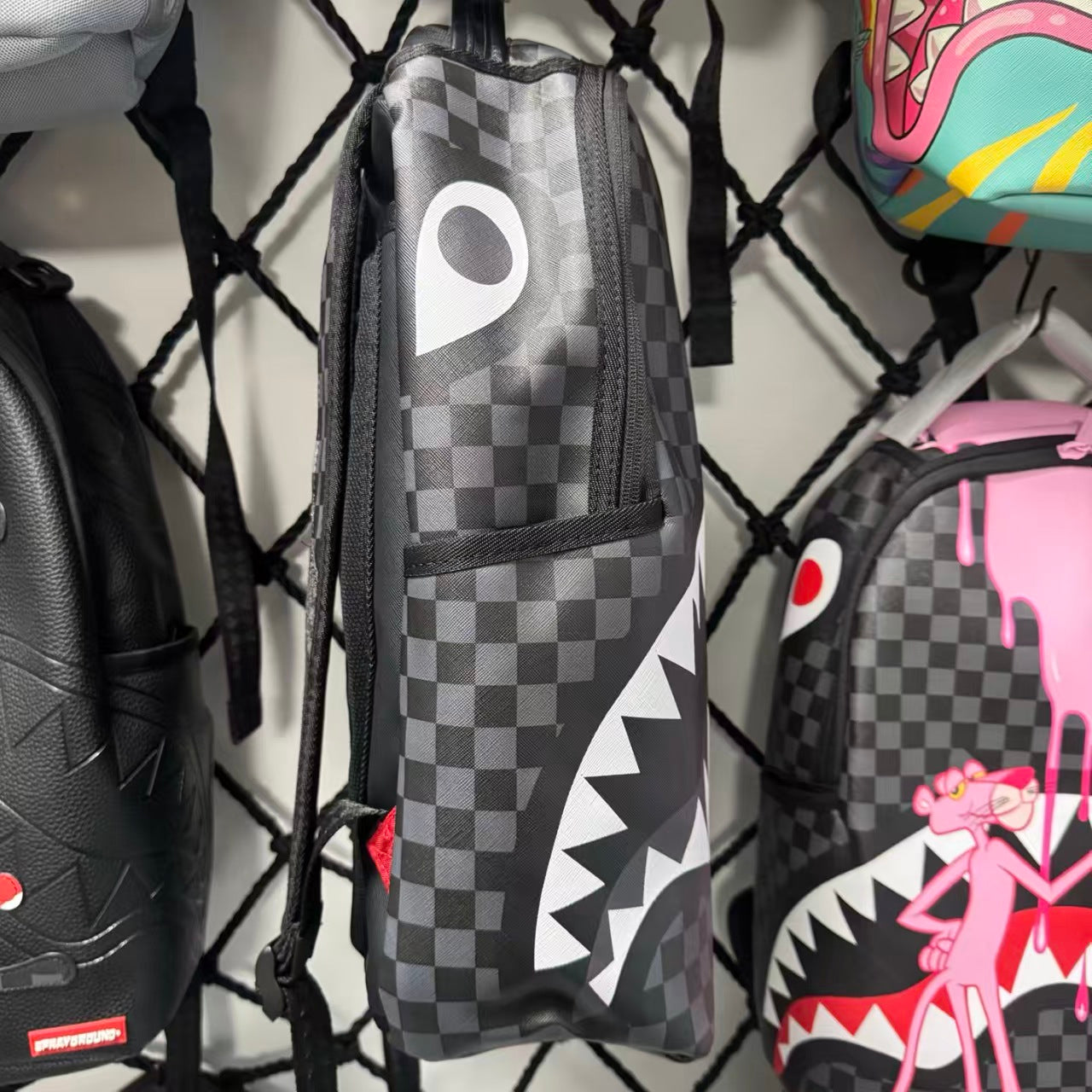 Black, White & Grey Checkerboard Streetwear Backpack - Classic Shark Mouth Graphic Design