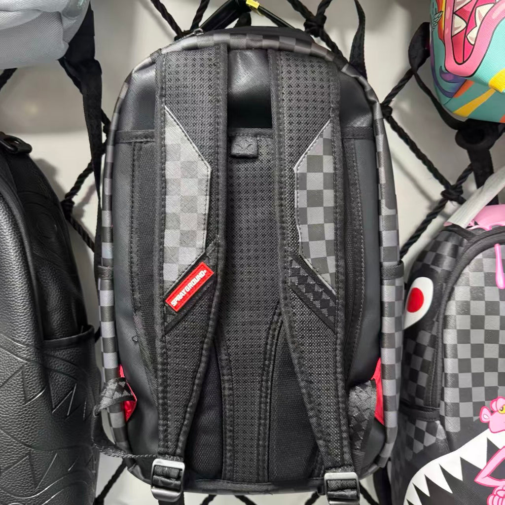 Black, White & Grey Checkerboard Streetwear Backpack - Classic Shark Mouth Graphic Design