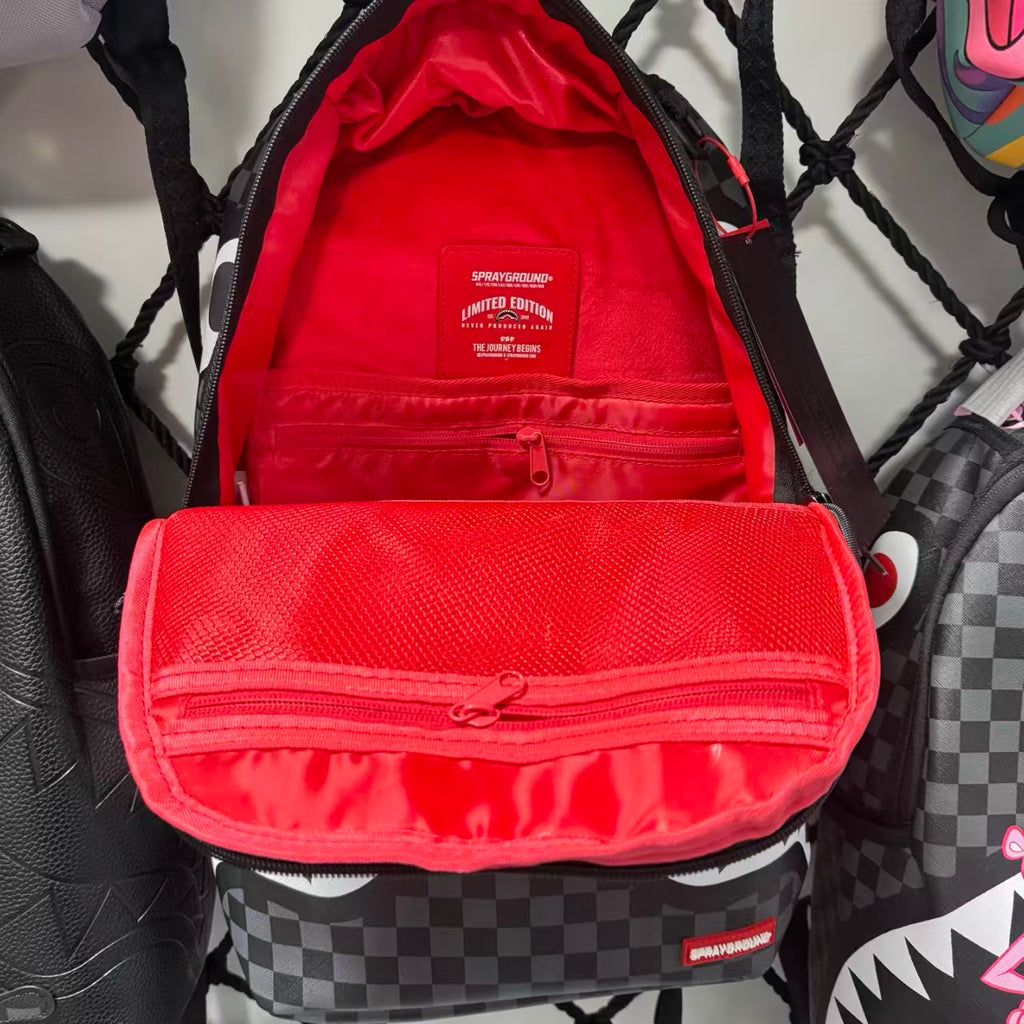 Black, White & Grey Checkerboard Streetwear Backpack - Classic Shark Mouth Graphic Design
