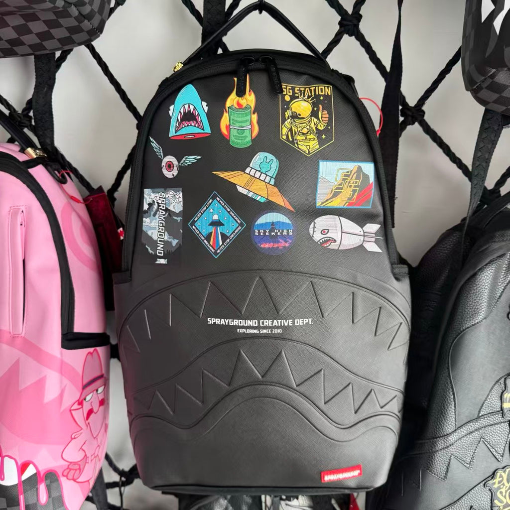 Black Sci-Fi Space Themed Streetwear Backpack - Colorful Sticker Patches with 3D Embossed Shark Mouth Design