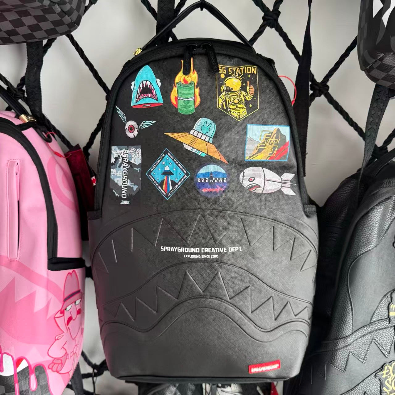 Black Sci-Fi Space Themed Streetwear Backpack - Colorful Sticker Patches with 3D Embossed Shark Mouth Design