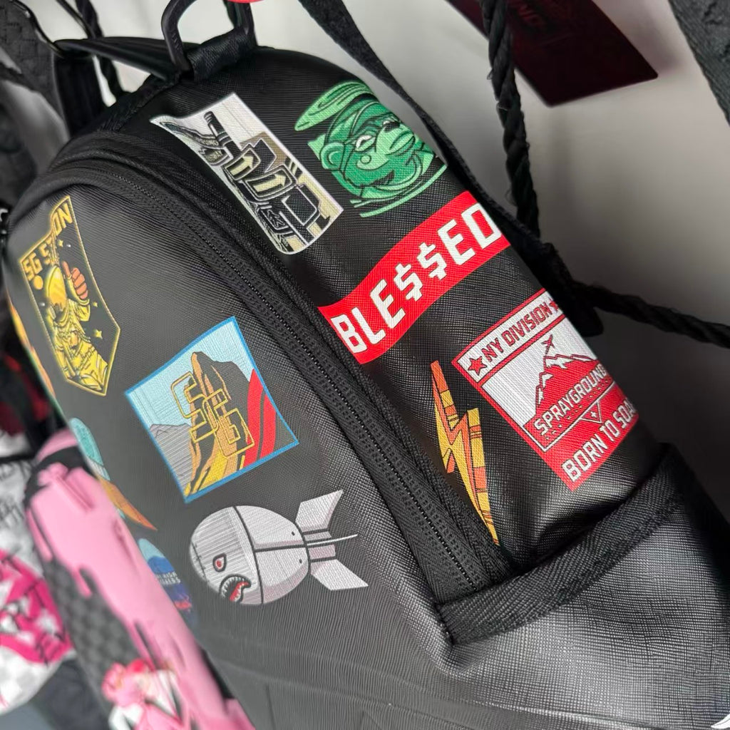 Black Sci-Fi Space Themed Streetwear Backpack - Colorful Sticker Patches with 3D Embossed Shark Mouth Design
