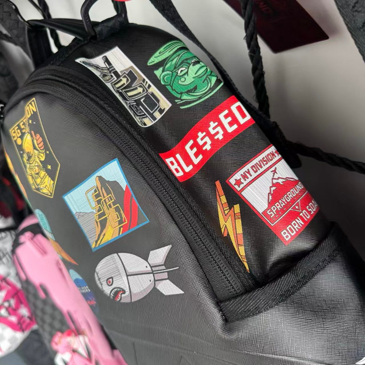 Black Sci-Fi Space Themed Streetwear Backpack - Colorful Sticker Patches with 3D Embossed Shark Mouth Design