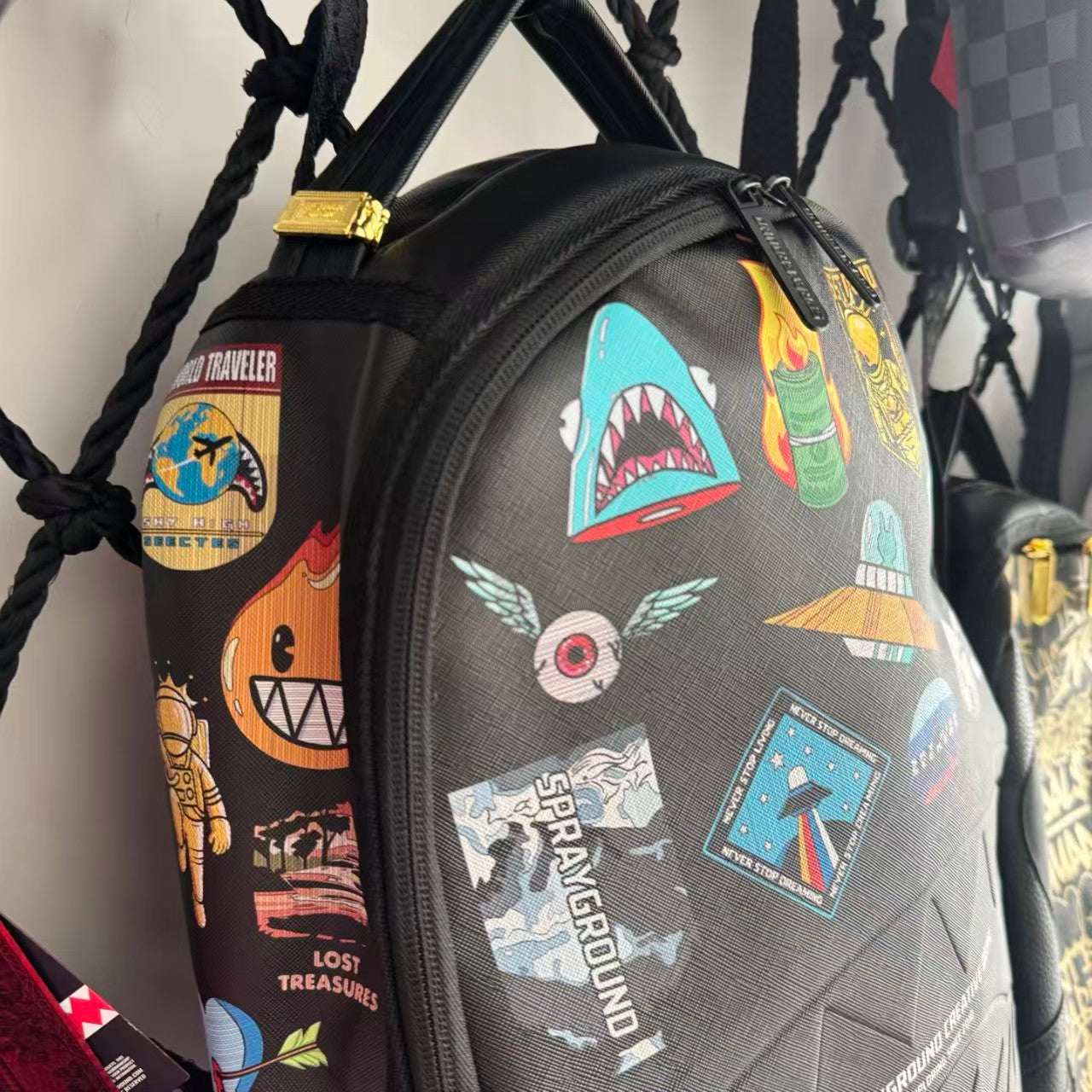 Black Sci-Fi Space Themed Streetwear Backpack - Colorful Sticker Patches with 3D Embossed Shark Mouth Design