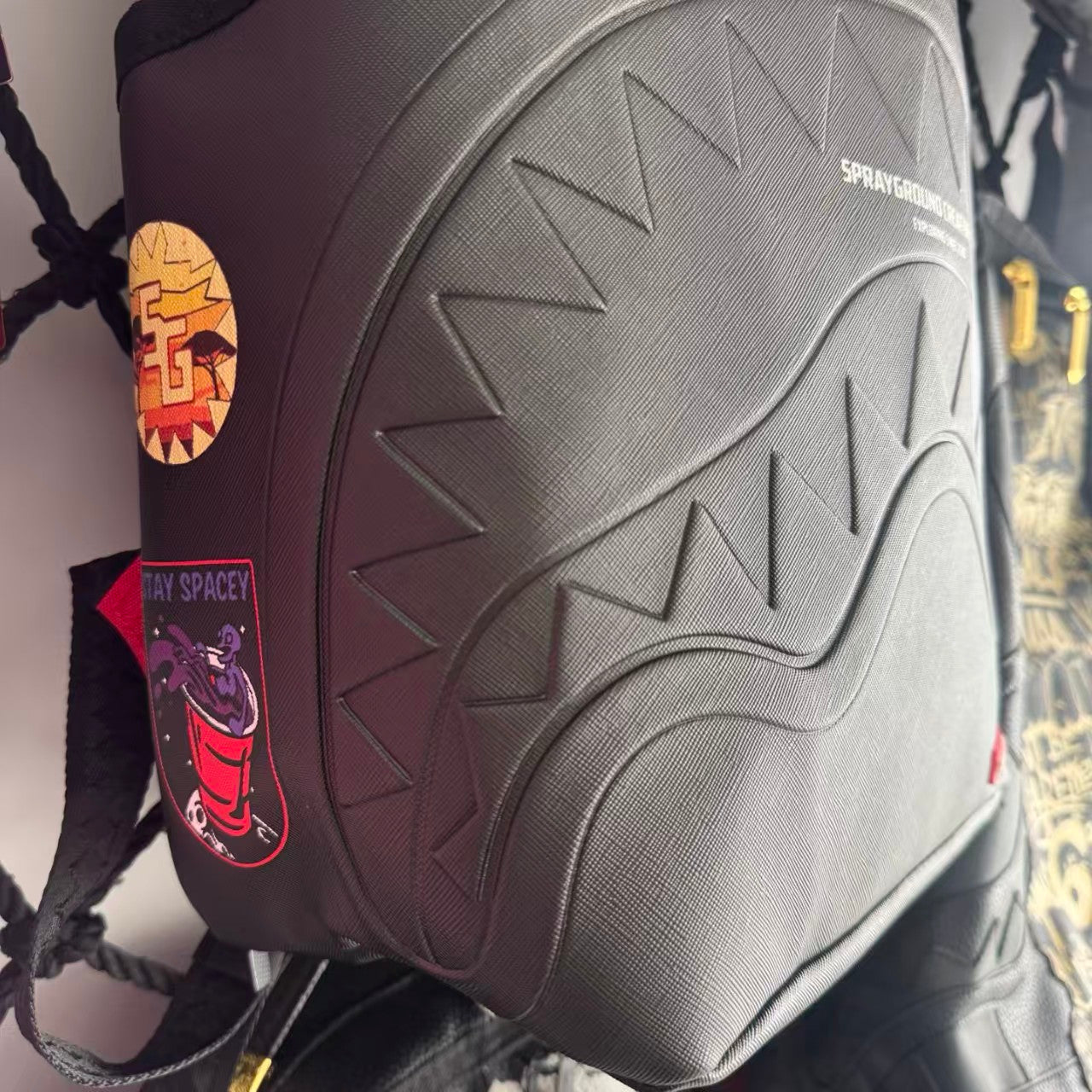 Black Sci-Fi Space Themed Streetwear Backpack - Colorful Sticker Patches with 3D Embossed Shark Mouth Design