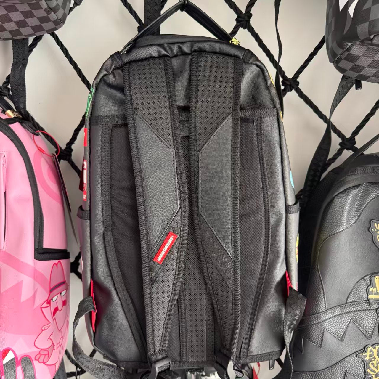 Black Sci-Fi Space Themed Streetwear Backpack - Colorful Sticker Patches with 3D Embossed Shark Mouth Design