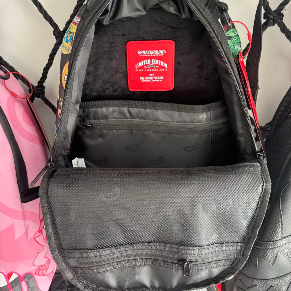Black Sci-Fi Space Themed Streetwear Backpack - Colorful Sticker Patches with 3D Embossed Shark Mouth Design