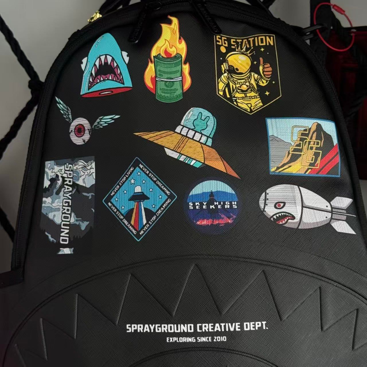 Black Sci-Fi Space Themed Streetwear Backpack - Colorful Sticker Patches with 3D Embossed Shark Mouth Design