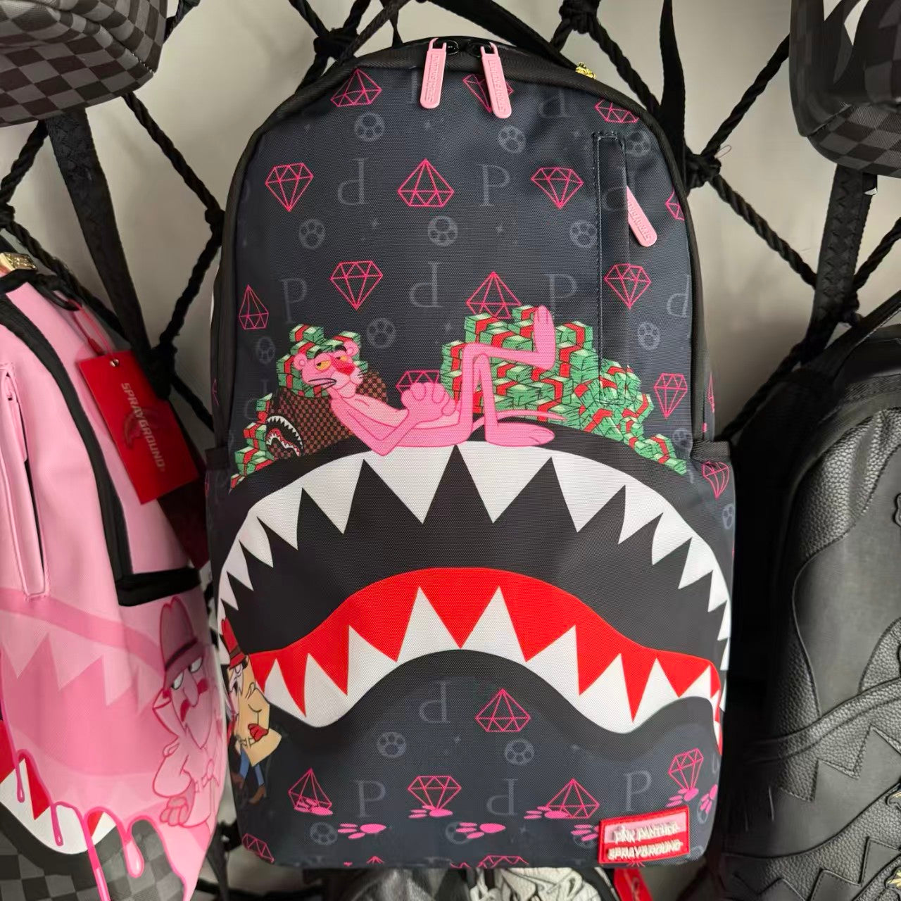 Dark Grey Backpack with Pink Diamond All-Over Print - Pink Panther on Cash and Classic Shark Mouth Design
