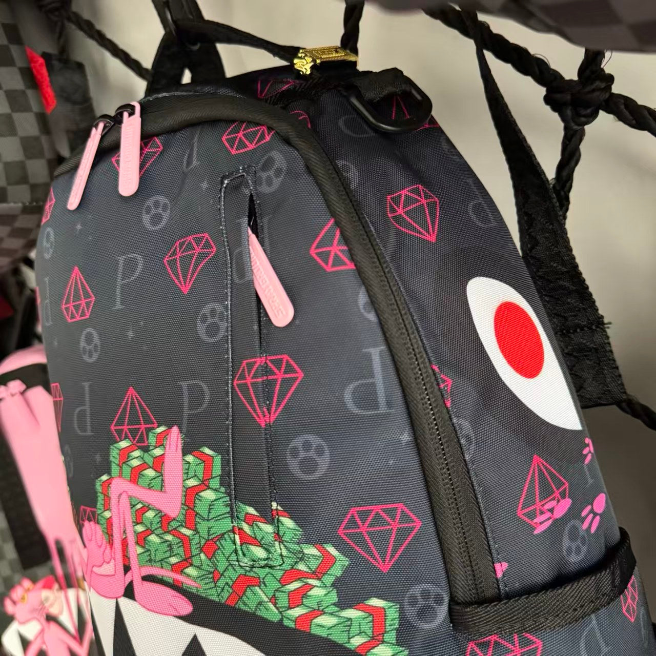 Dark Grey Backpack with Pink Diamond All-Over Print - Pink Panther on Cash and Classic Shark Mouth Design