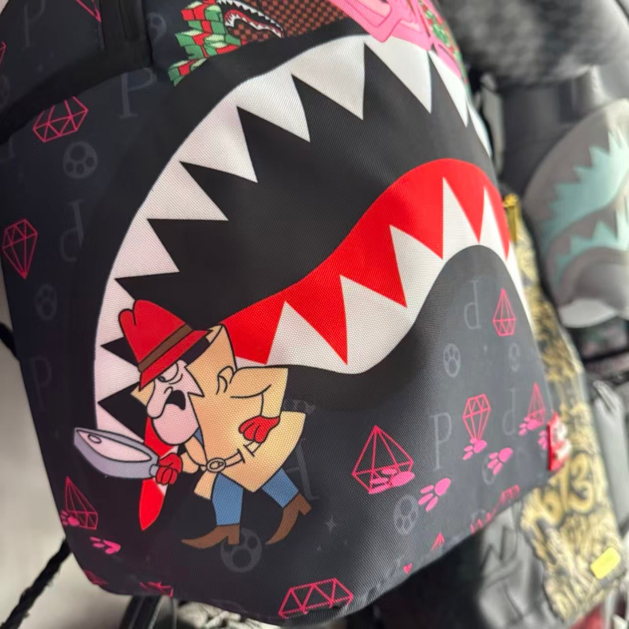 Dark Grey Backpack with Pink Diamond All-Over Print - Pink Panther on Cash and Classic Shark Mouth Design