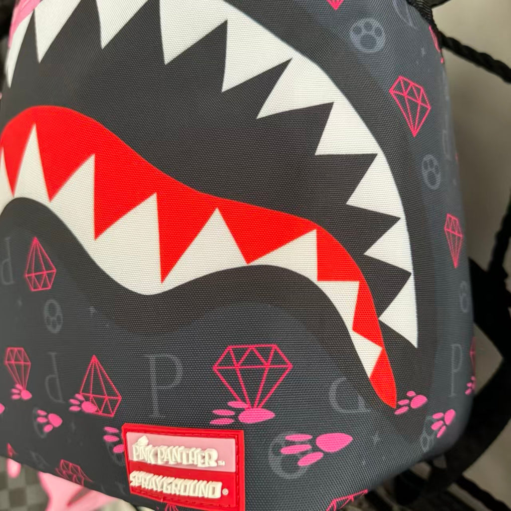 Dark Grey Backpack with Pink Diamond All-Over Print - Pink Panther on Cash and Classic Shark Mouth Design