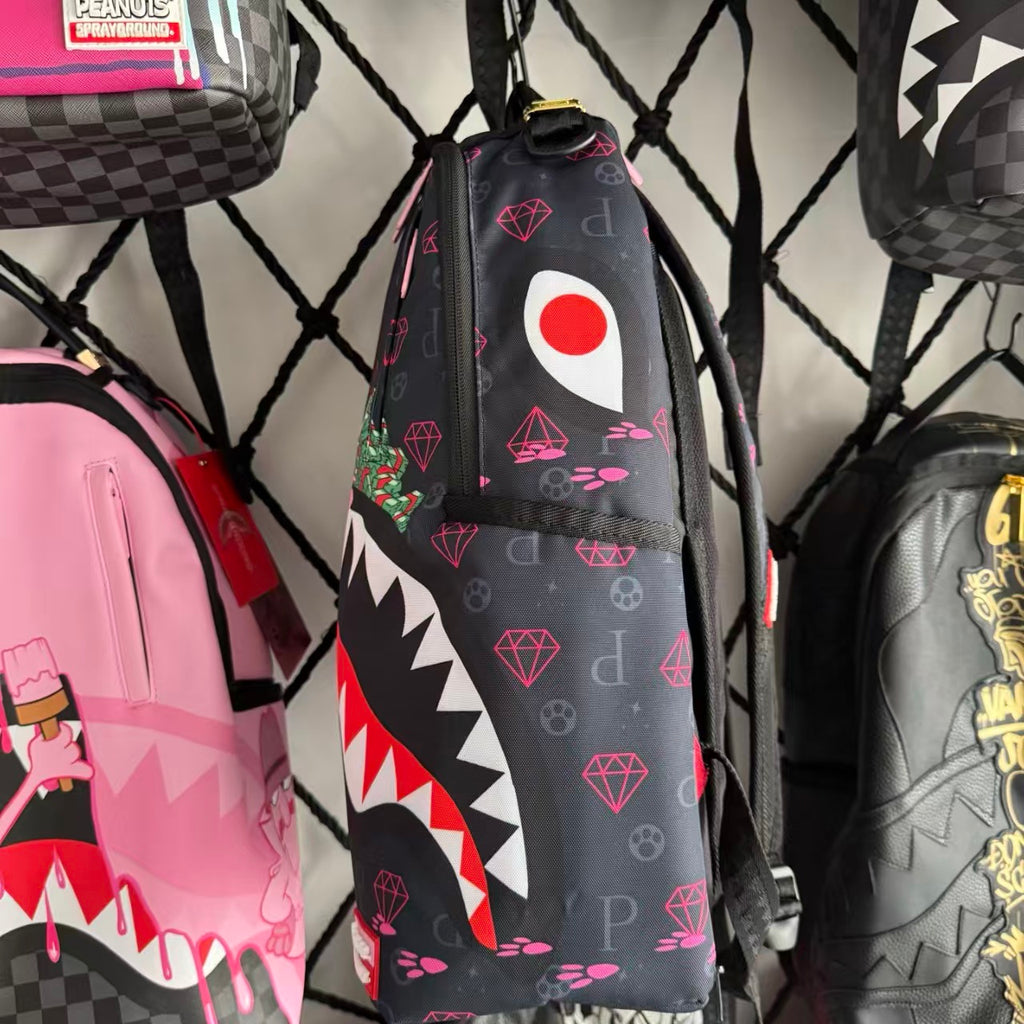 Dark Grey Backpack with Pink Diamond All-Over Print - Pink Panther on Cash and Classic Shark Mouth Design