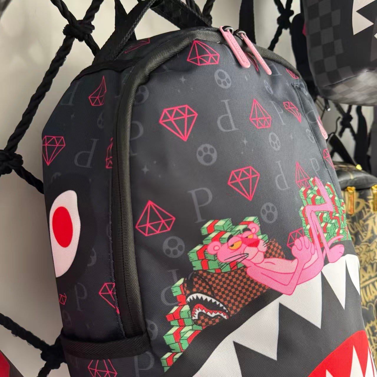 Dark Grey Backpack with Pink Diamond All-Over Print - Pink Panther on Cash and Classic Shark Mouth Design