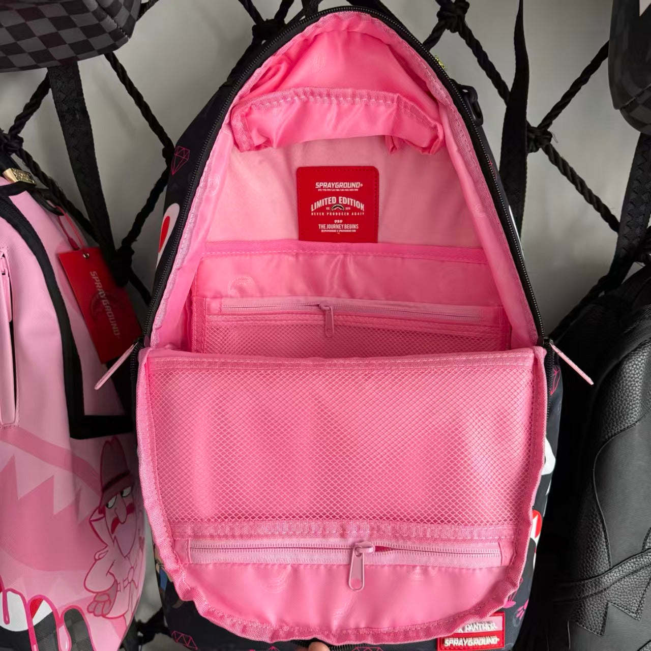 Dark Grey Backpack with Pink Diamond All-Over Print - Pink Panther on Cash and Classic Shark Mouth Design