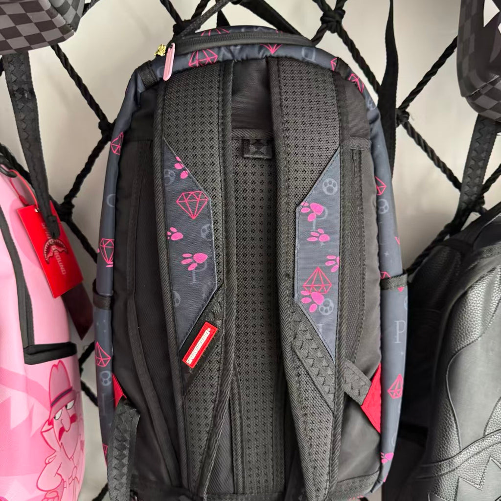 Dark Grey Backpack with Pink Diamond All-Over Print - Pink Panther on Cash and Classic Shark Mouth Design
