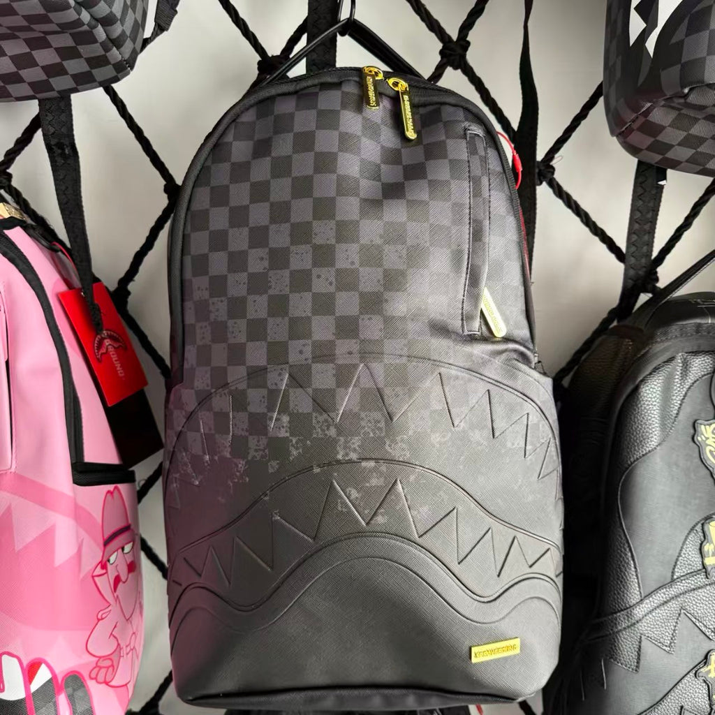 Black & Grey Checkerboard Backpack with 3D Embossed Shark Mouth Design