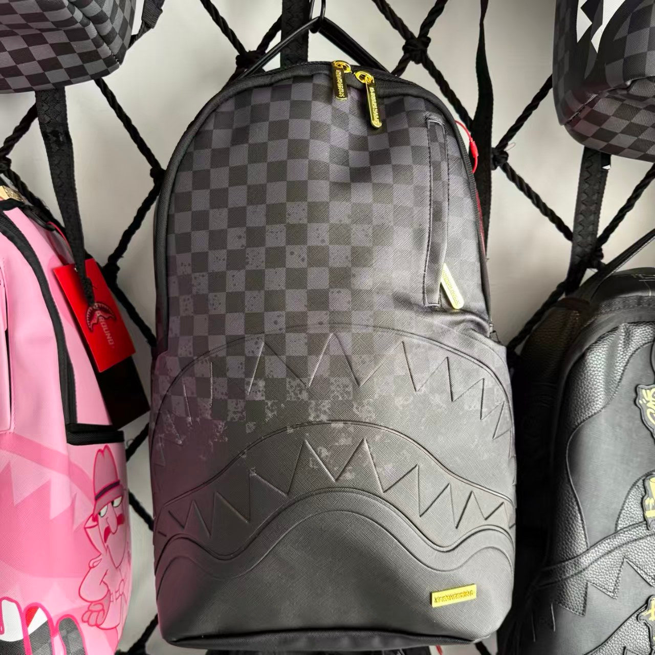 Black & Grey Checkerboard Backpack with 3D Embossed Shark Mouth Design
