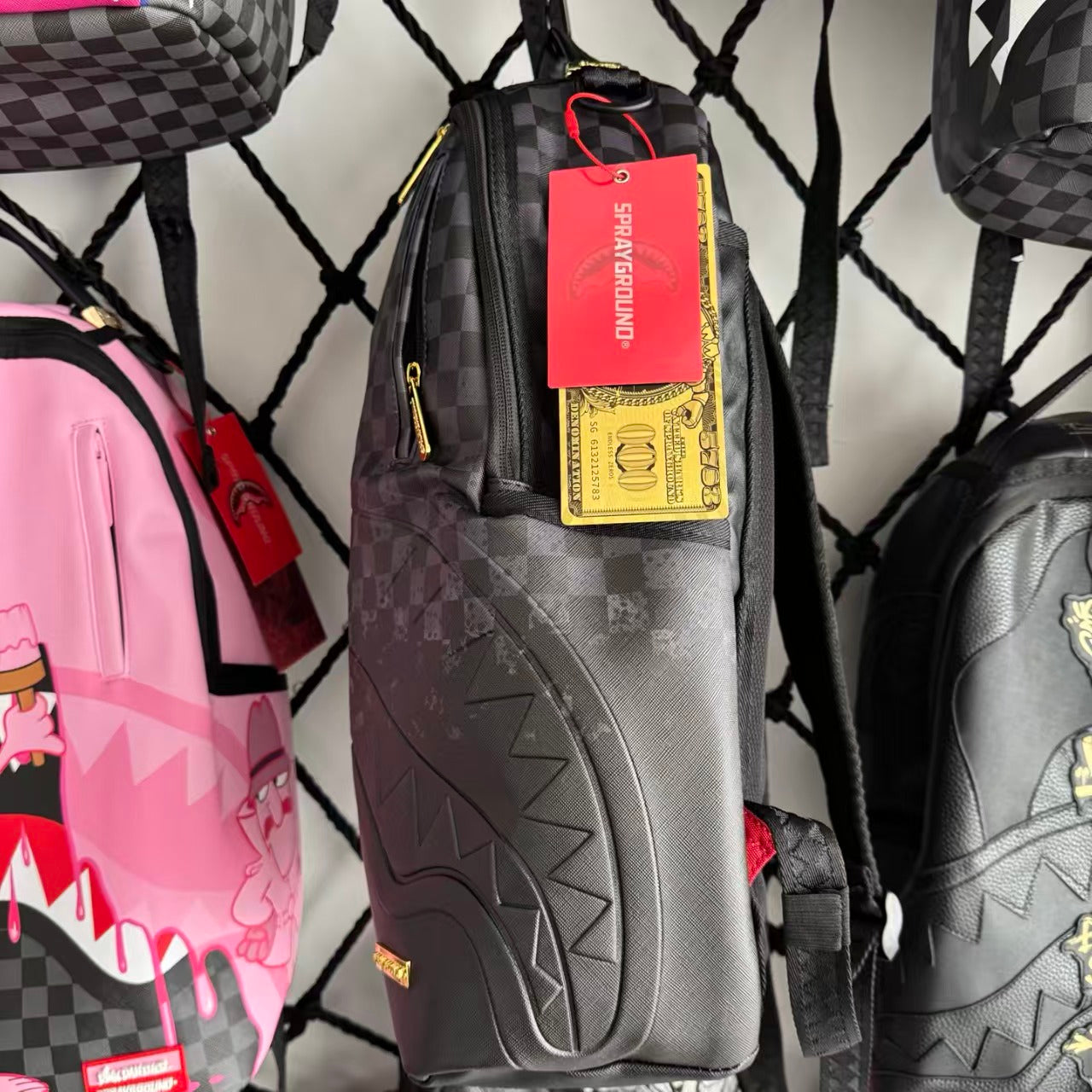 Black & Grey Checkerboard Backpack with 3D Embossed Shark Mouth Design