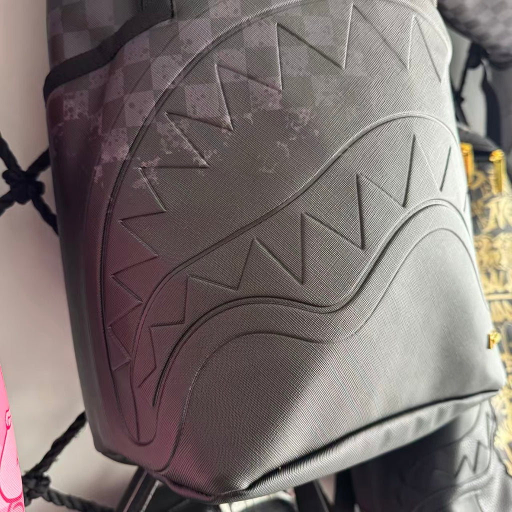 Black & Grey Checkerboard Backpack with 3D Embossed Shark Mouth Design