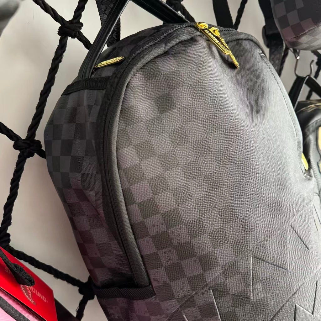 Black & Grey Checkerboard Backpack with 3D Embossed Shark Mouth Design