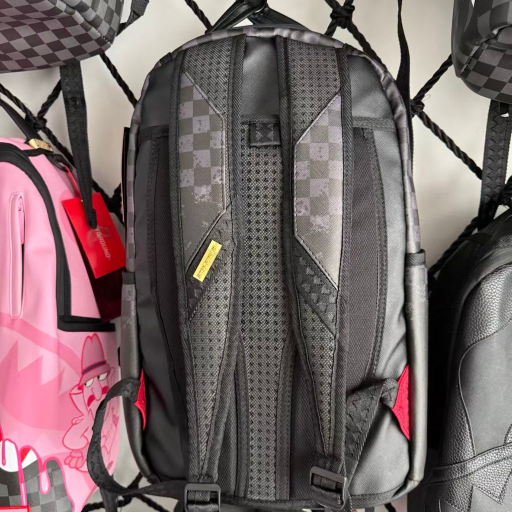 Black & Grey Checkerboard Backpack with 3D Embossed Shark Mouth Design
