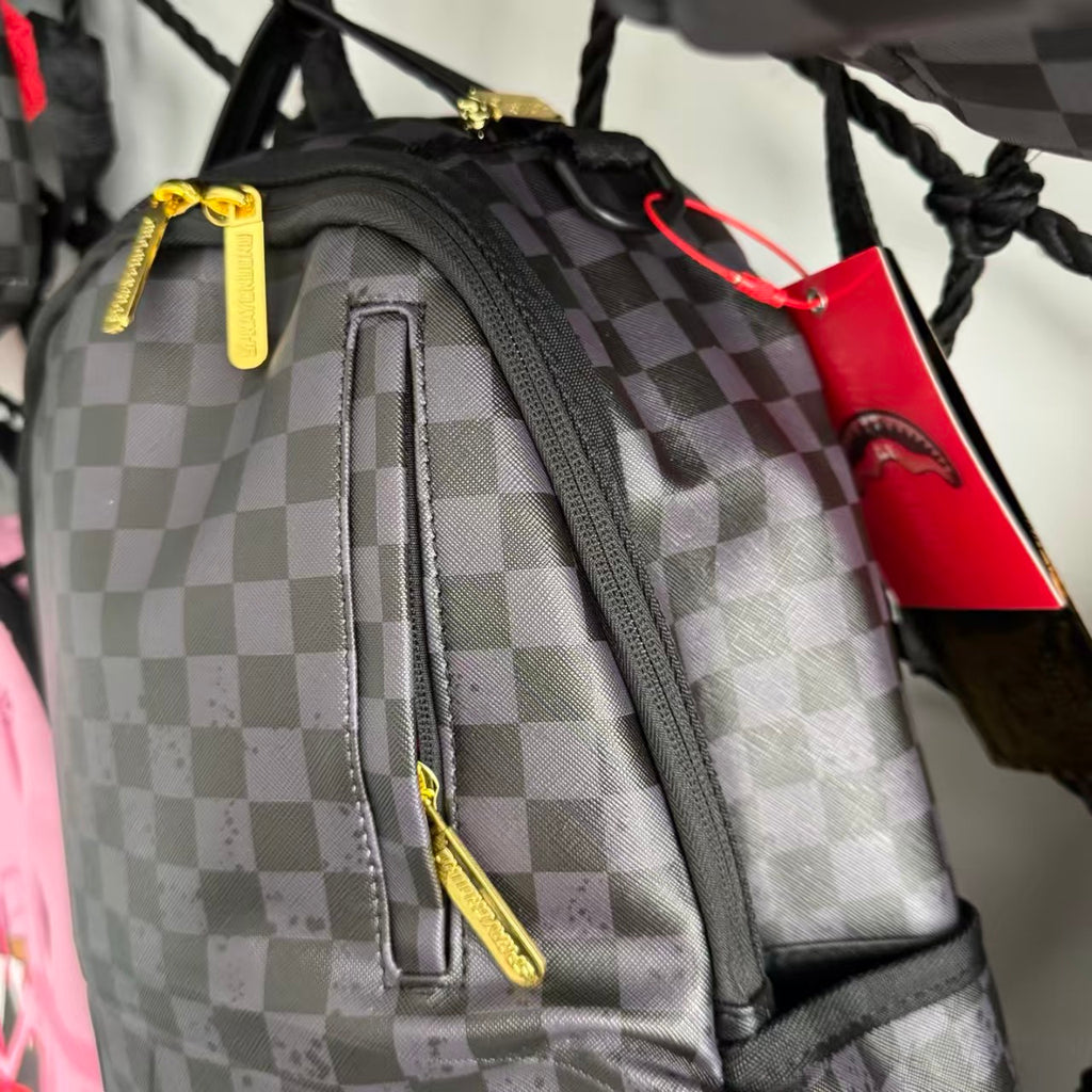Black & Grey Checkerboard Backpack with 3D Embossed Shark Mouth Design
