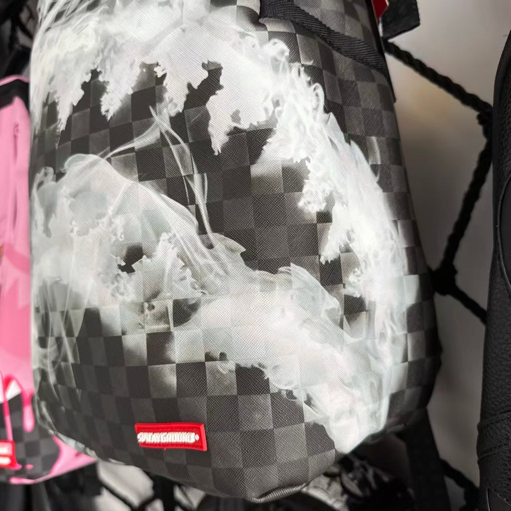 Black & Grey Checkerboard Backpack with Swirling White Smoke Effect