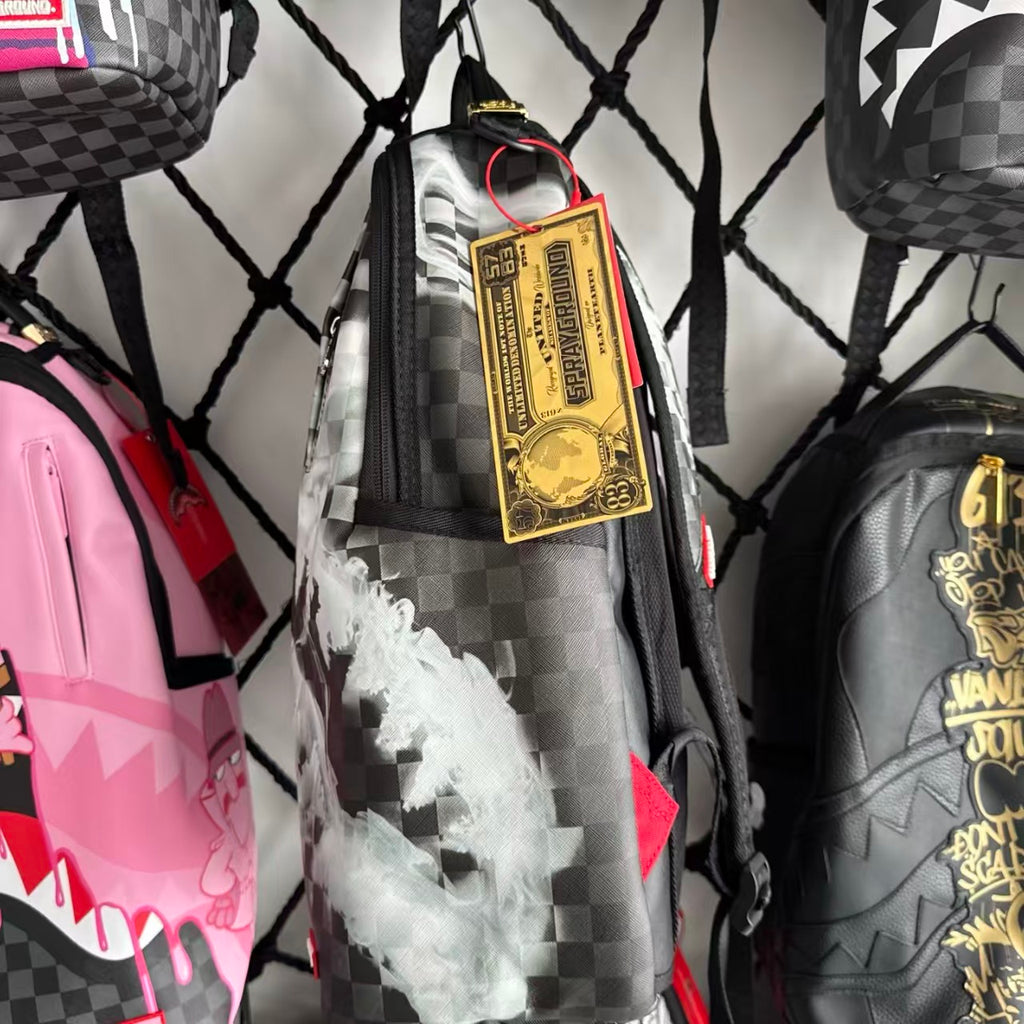 Black & Grey Checkerboard Backpack with Swirling White Smoke Effect