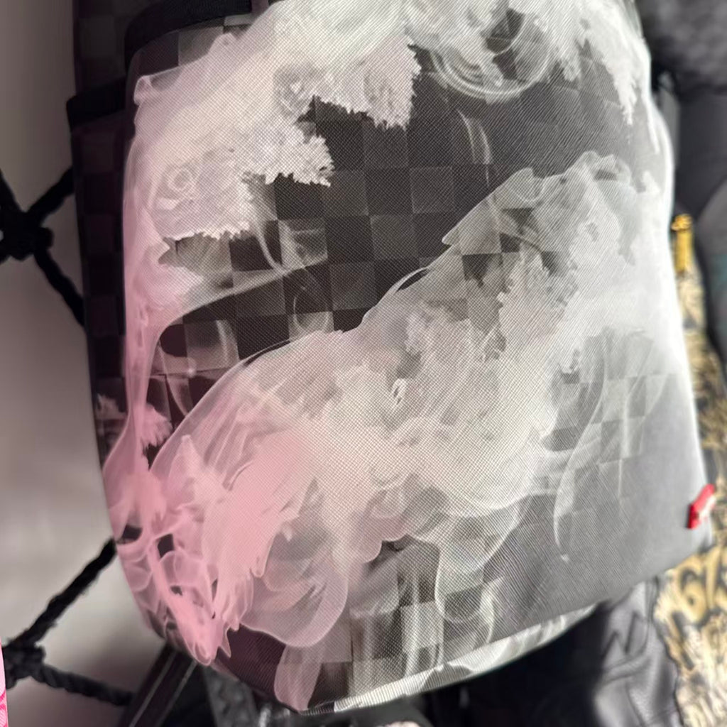 Black & Grey Checkerboard Backpack with Swirling White Smoke Effect
