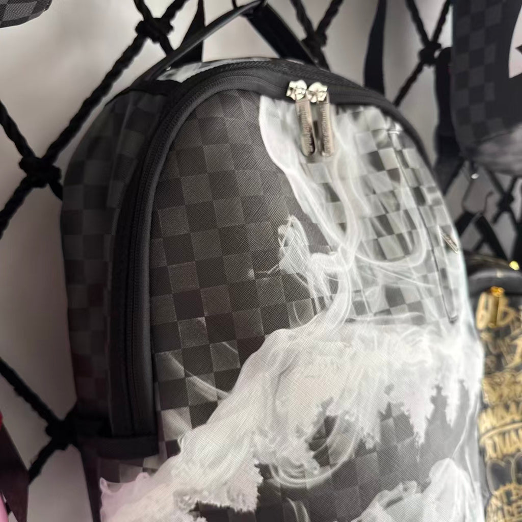 Black & Grey Checkerboard Backpack with Swirling White Smoke Effect