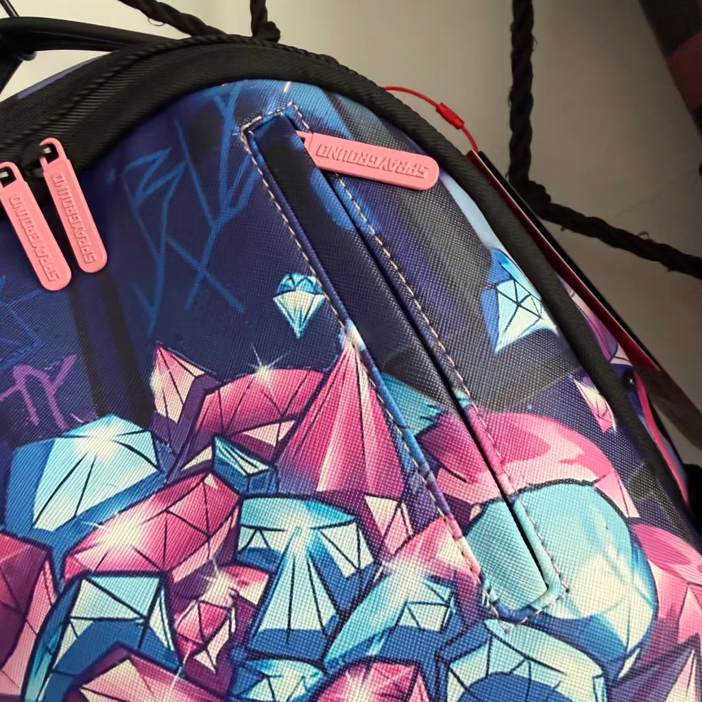 Pink Panther Themed Streetwear Backpack - Dreamy Blue Purple Background with Sparkling Diamond Pile Design