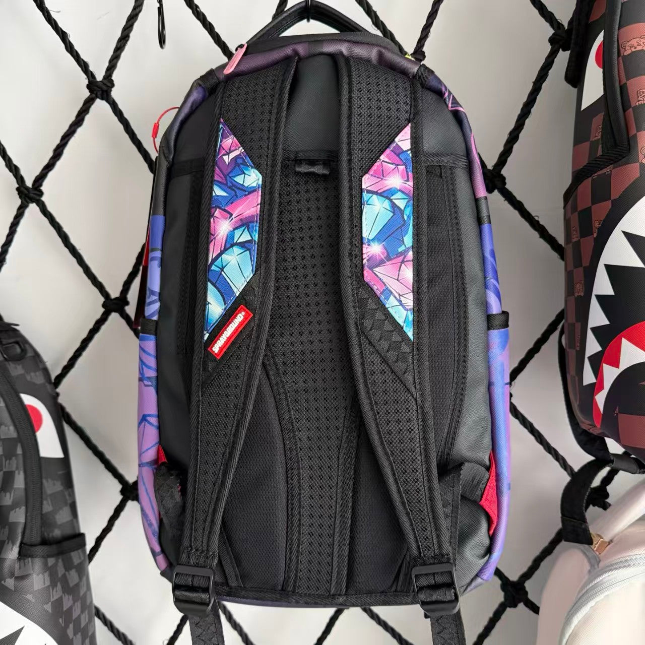 Pink Panther Themed Streetwear Backpack - Dreamy Blue Purple Background with Sparkling Diamond Pile Design
