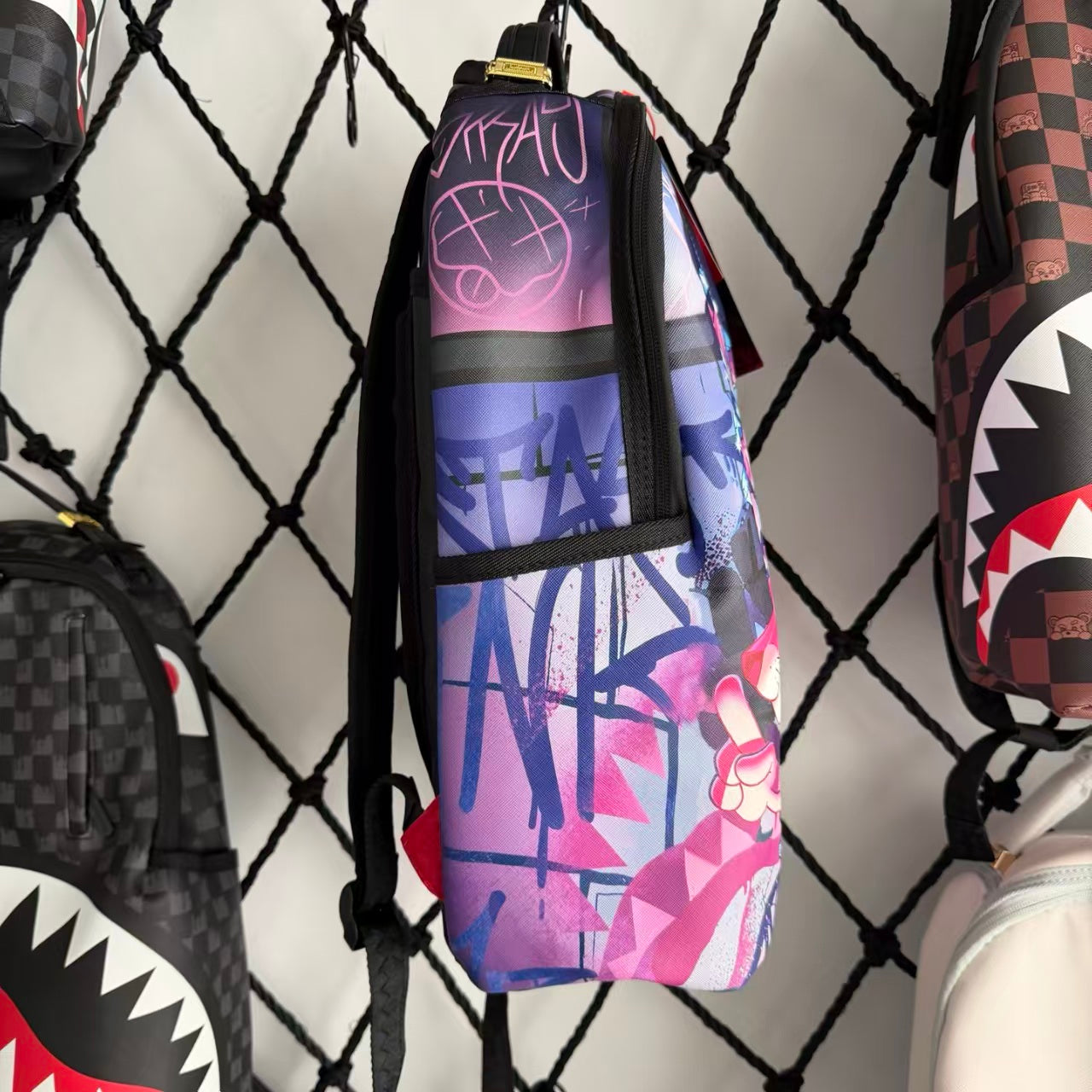 Pink Panther Themed Streetwear Backpack - Dreamy Blue Purple Background with Sparkling Diamond Pile Design